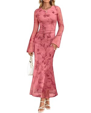 ZESICA Women's Long Sleeve Floral Bodycon Dress 2025 Fall Fashion Ruched Mesh Wedding Guest Cockt... | Amazon (US)