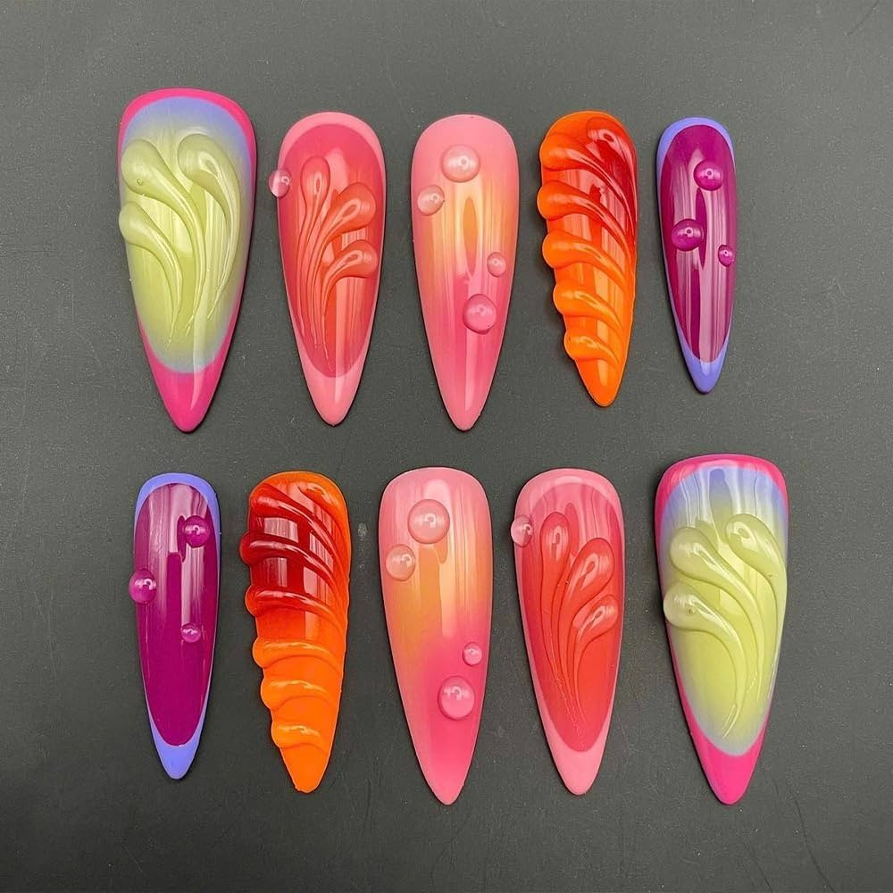 Stiletto Press on Nails Long Gradient Fake Nail 3D Water Drop Acrylic Nail Press ons Stick on Nai... | Amazon (US)