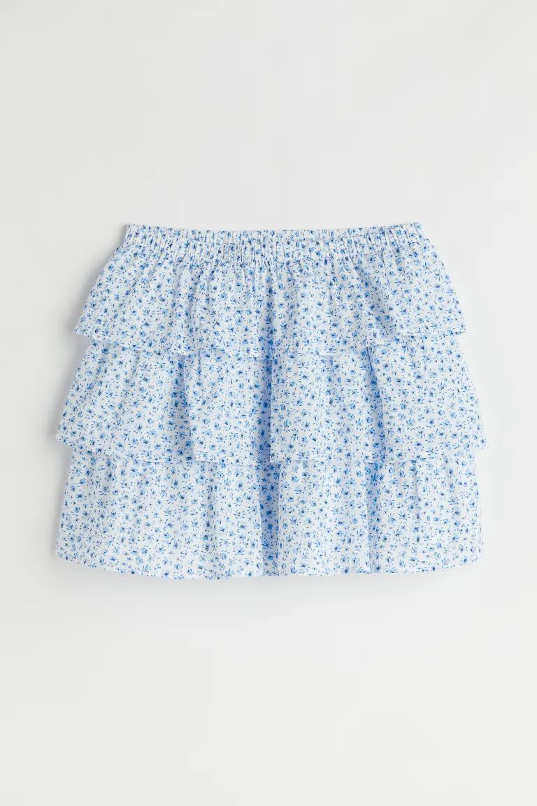 Short, three-tiered skirt in textured, woven cotton fabric. High waist and covered, elasticized w... | H&M (US + CA)
