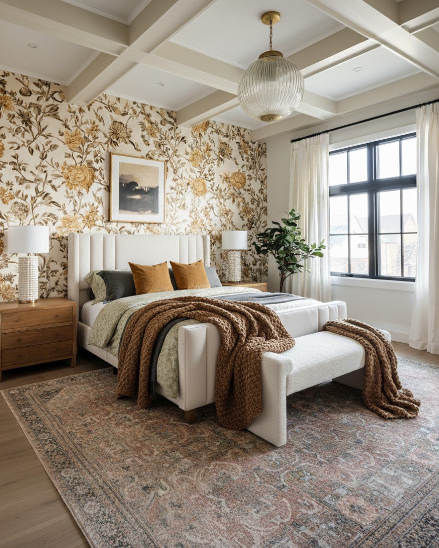 A layered take on warm sophistication, this modern organic bedroom pairs bold pattern with soft texture for a perfectly balanced retreat. A gold floral wallpaper accent wall sets the tone, complemented by a channel tufted upholstered bed and vintage inspired rug in muted rose and olive tones. Amber velvet pillows and a chunky knit throw add cozy depth, while glass-tube brass lamps bring sculptural warmth to matching oak nightstands. Finished with a ribbed globe pendant and coffered ceiling, this bedroom captures the essence of timeless comfort.

Shop the look:
Channel-tufted bed | Floral accent wallpaper | Chunky knit throw | Amber velvet pillows | Oak nightstands | Glass-tube brass lamps | Vintage-inspired area rug | Ribbed globe pendant | Coffered ceiling design

#LTKsale #LTKhome #LTKstyletip