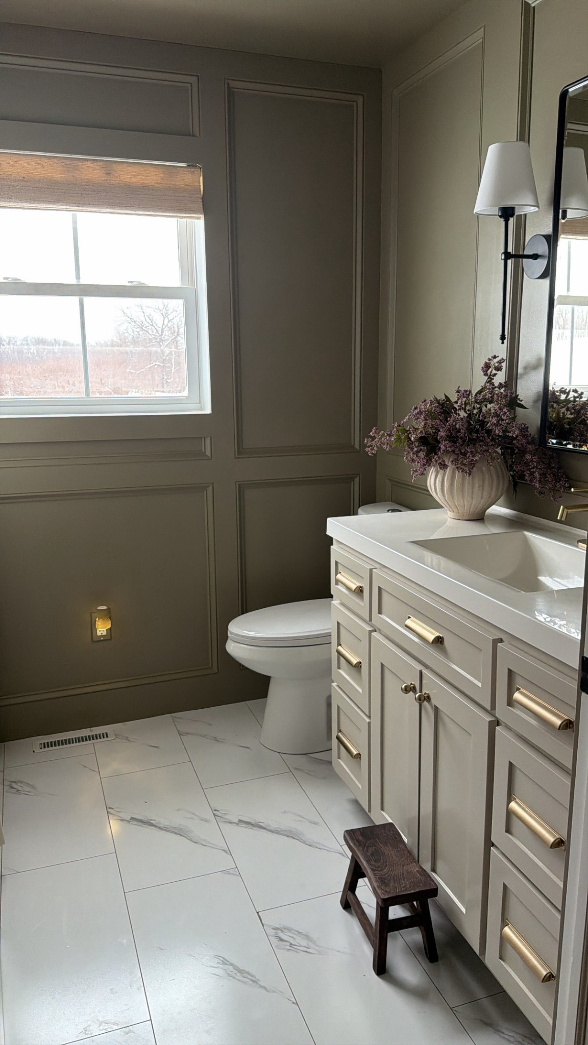 Bathroom renovation 

Paneling: 
1x4 top, vertical, & middle board
1x6 bottom board

Paint:
Walls- Benjamin Moore tavern gray
Cabinets- Benjamin Moore revere pewterr