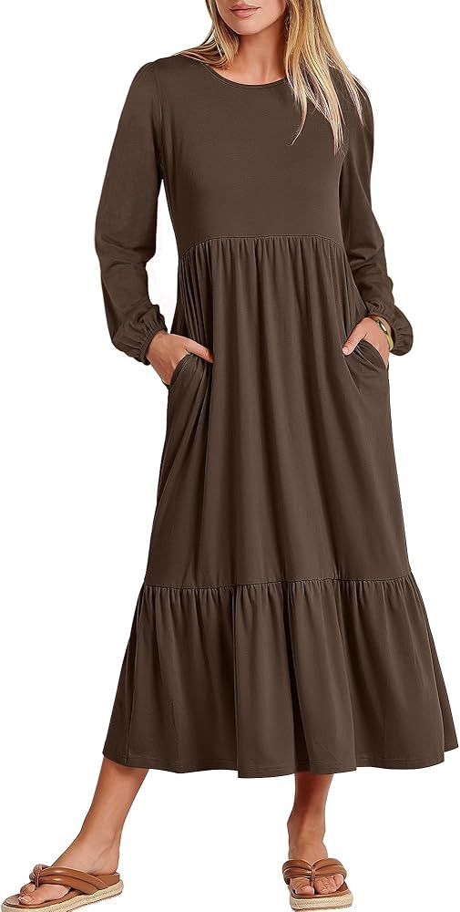 ANRABESS Women's Casual Long Sleeve Midi Dress 2024 Fall Crewneck A Line Tiered Flowy Loose Trend... | Amazon (US)