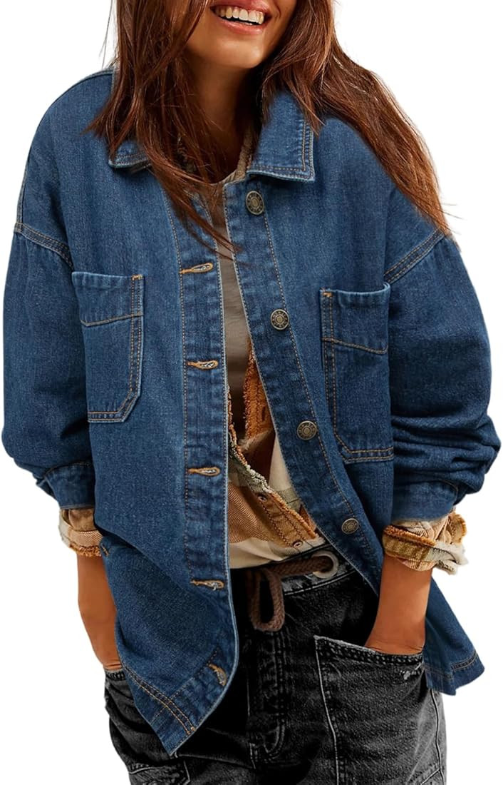 Sidefeel Women's Jean Jacket Oversized Boyfriend Button Up Long Sleeve Split Denim Jackets | Amazon (US)