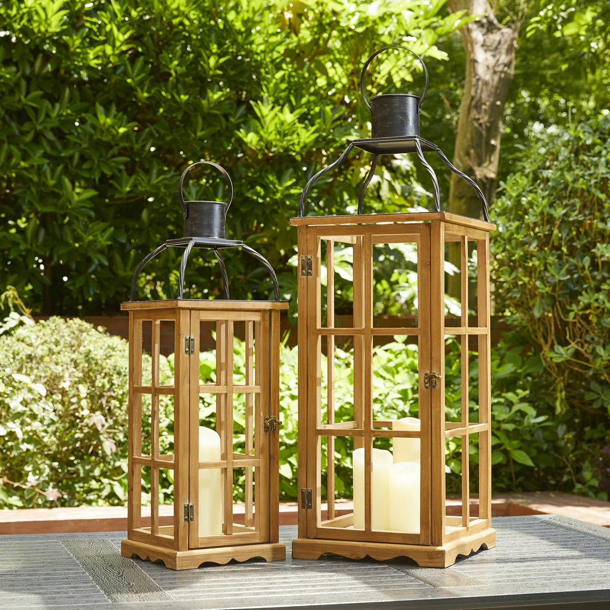 Wood and Metal Tabletop Lantern (Set of 2) | Wayfair North America