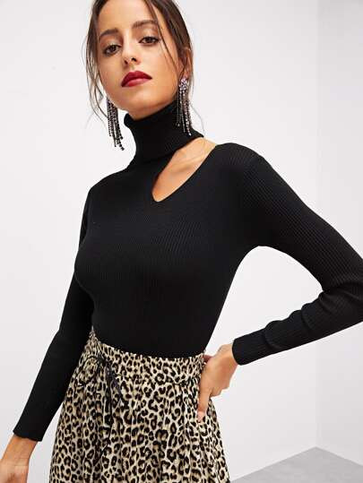 Rolled Neck Cutout Ribbed Sweater | SHEIN