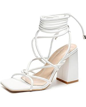 Womens Strappy Heels Lace Up Chunky Heel Sandals, Cute Block Heel Wrap Sandals for Women Dressy S... | Amazon (US)