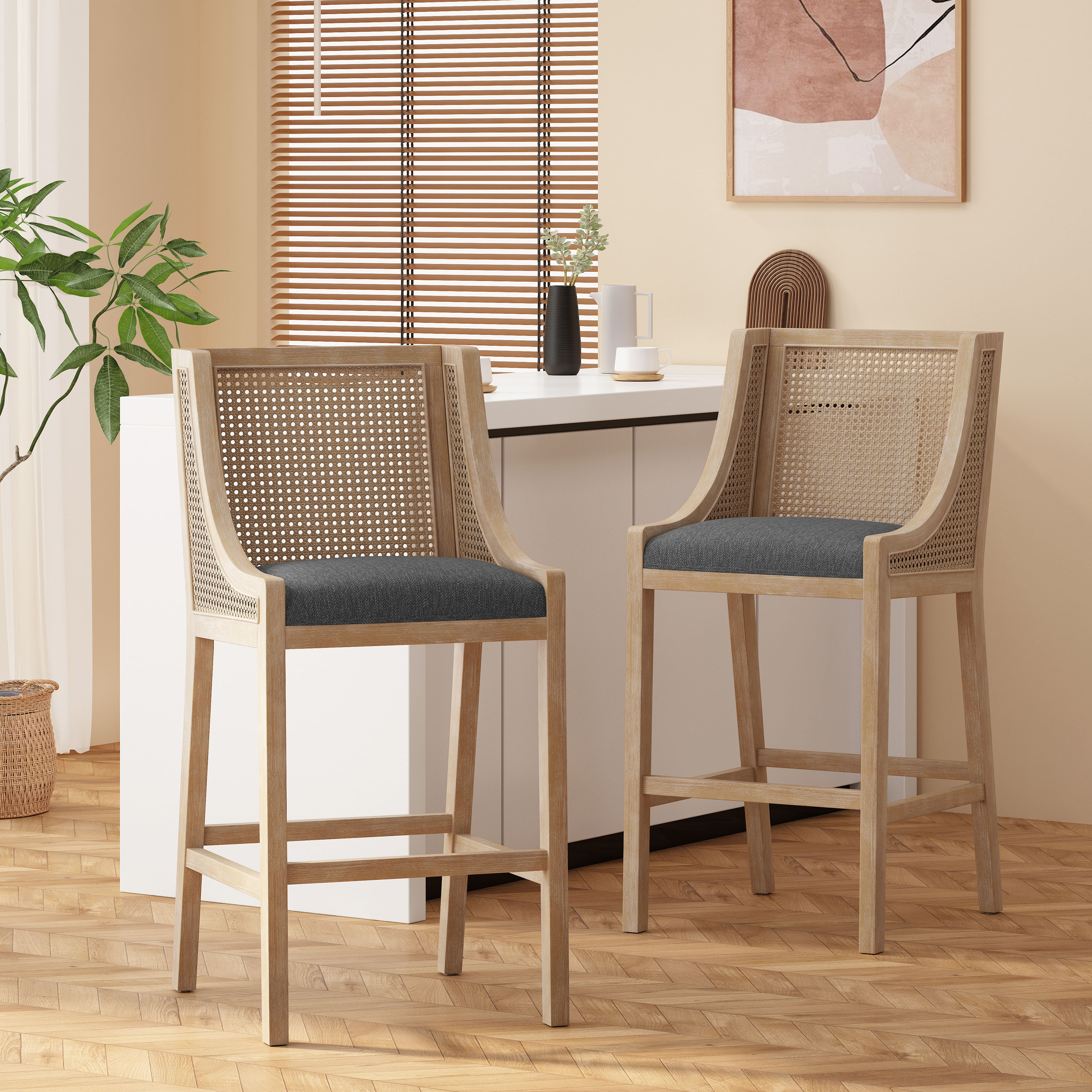 Christopher Knight Home Deville French Country Charcoal+Nautral Fabric Upholstered Wood And Cane 30 Inch Barstools (Set Of 2) | 317340 | Lowe's