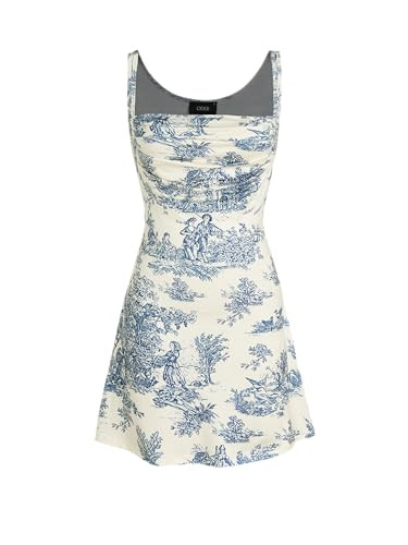 CIDER Women A-Line Mini Dresses Square Neck Ruched Floral Fit and Flare Casual Summer Semi Formal Dress Blue | Amazon (US)