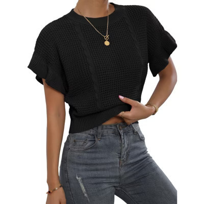 Garvee Women's Plus Size Ruffled Short Sleeve Sweater Tops Round Neck Knitted Lightweight Cropped Pullovers Sweater Black 3XL | Target