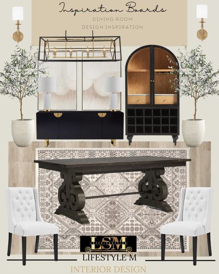 Sophisticated dining room inspiration. Recreate the look at home. Black wood dining table, white upholstered dining chair, dining room rug, white tree planter pot, faux fake tree, black console buffet credenza, black china cabinet, wall art, table lamps, wall sconce light, dining room chandelier, wood floor tile. 

#LTKstyletip #LTKFind #LTKhome
