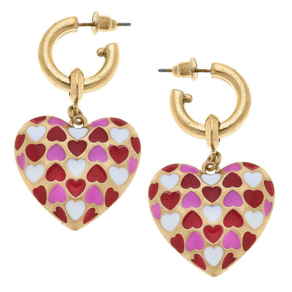 Valentine's Heart Drop Hoop Enamel Earrings in Pink | CANVAS