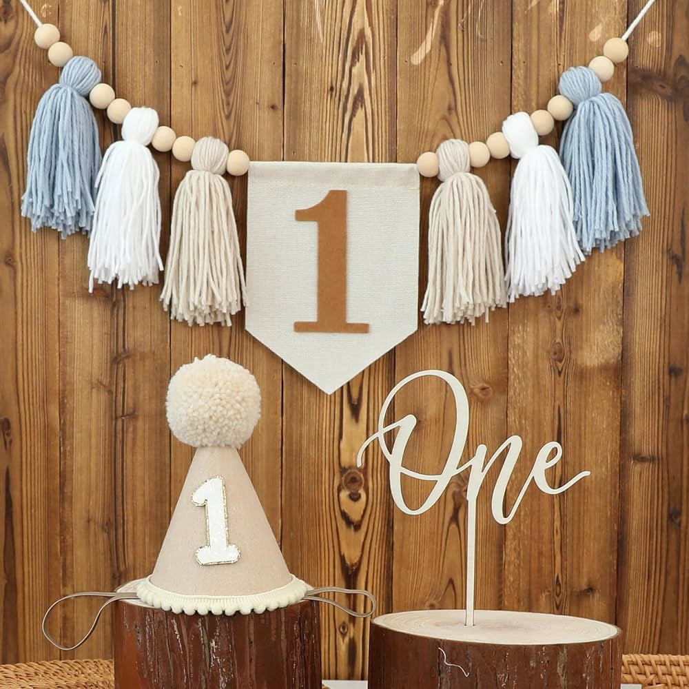 Amazon.com: 1st Birthday Highchair Banner Decorations For First Boys Khaki Cone Hat With One Cake... | Amazon (US)