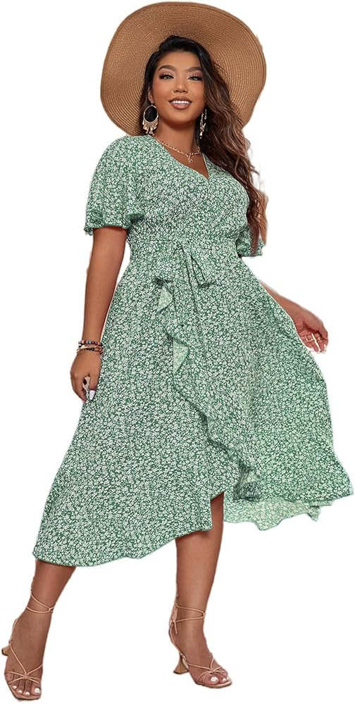 Floerns Women's Plus Size Boho Flutter Short Sleeve Ruffle Hem A Line Midi Dress Mint Green 2XL a... | Amazon (US)