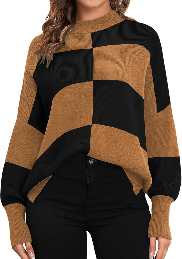 ZAFUL Womens 2025 Trendy Sweater Checkered Oversized Pullover Sweaters Side Slit Cozy Fall Winter... | Amazon (US)