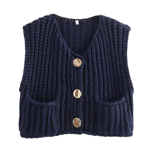 PDLCVD Sleeveless Cropped Sweater Vest Women 2024 Button Up Knit Summer Sweater Vests with Pockets Navyblue | Amazon (US)