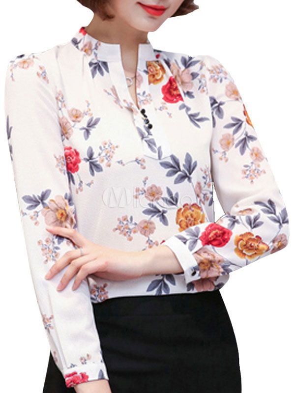 Women's Chiffon Blouse Floral Print Notched Neckline Long Sleeve White Casual Shirt | Milanoo