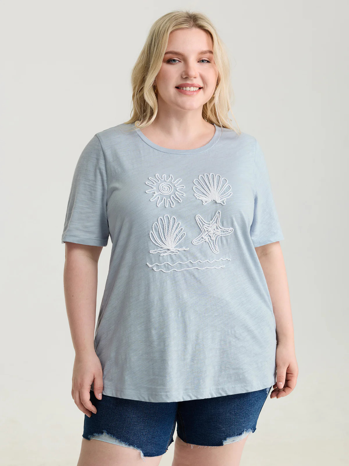 Pure Cotton Ocean Embroidered Stretchy T-Shirt | Bloomchic