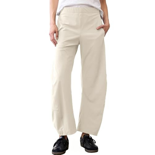 SeeLuNa Women Barrel Travel Pants Elastic Waistband Tapered Leg Baggy Mid Rise Work Trousers Lounge Pant with Pockets(Apricot,XL) | Amazon (US)