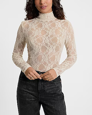 Sheer Lace Mock Neck Long Sleeve Bodysuit | Express