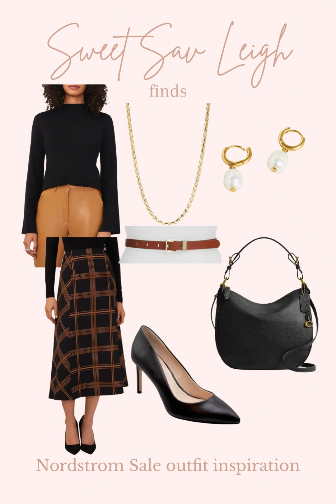 Nordstrom anniversary sale: outfit inspo: workwear, work outfit, midi skirt, plaid skirt, black sweater, black bag, gold jewelry, black heels, black pumps 

#LTKxNSale #LTKSeasonal #LTKFind
