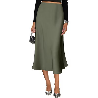 LEVEN SIXTEEN Cheetah Print Satin Midi Skirt - Women's High Waist A-Line Skirt with Elastic Waistband Army Green Army Green Medium | Target
