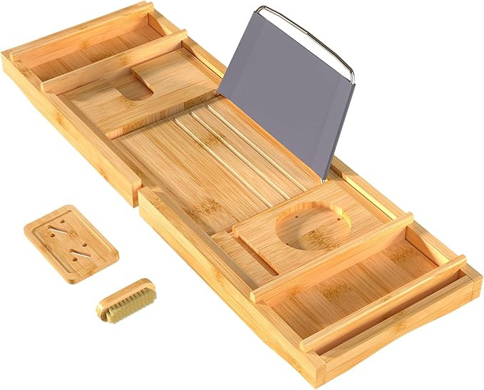 Amazon.com: Bath Caddy Tray for Bathtub - Bamboo Adjustable Organizer Tray for Bathroom with Free... | Amazon (US)