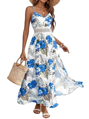 Women's Spaghetti Straps Floral Maxi Dress Boho Summer Sleeveless V-Neck Flowy Dress for Beach Ha... | Amazon (US)