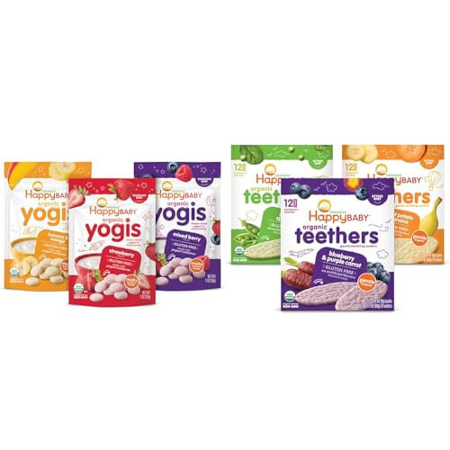 Happy Baby Organics Yogis Freeze-Dried Yogurt & Fruit Snacks, 3 Flavor Variety Pack, 1 Ounce (Pack of 3) & Happy Baby Organics Teether, 3 Flavor Variety Pack, 12 Count (Pack of 3) | Amazon (US)