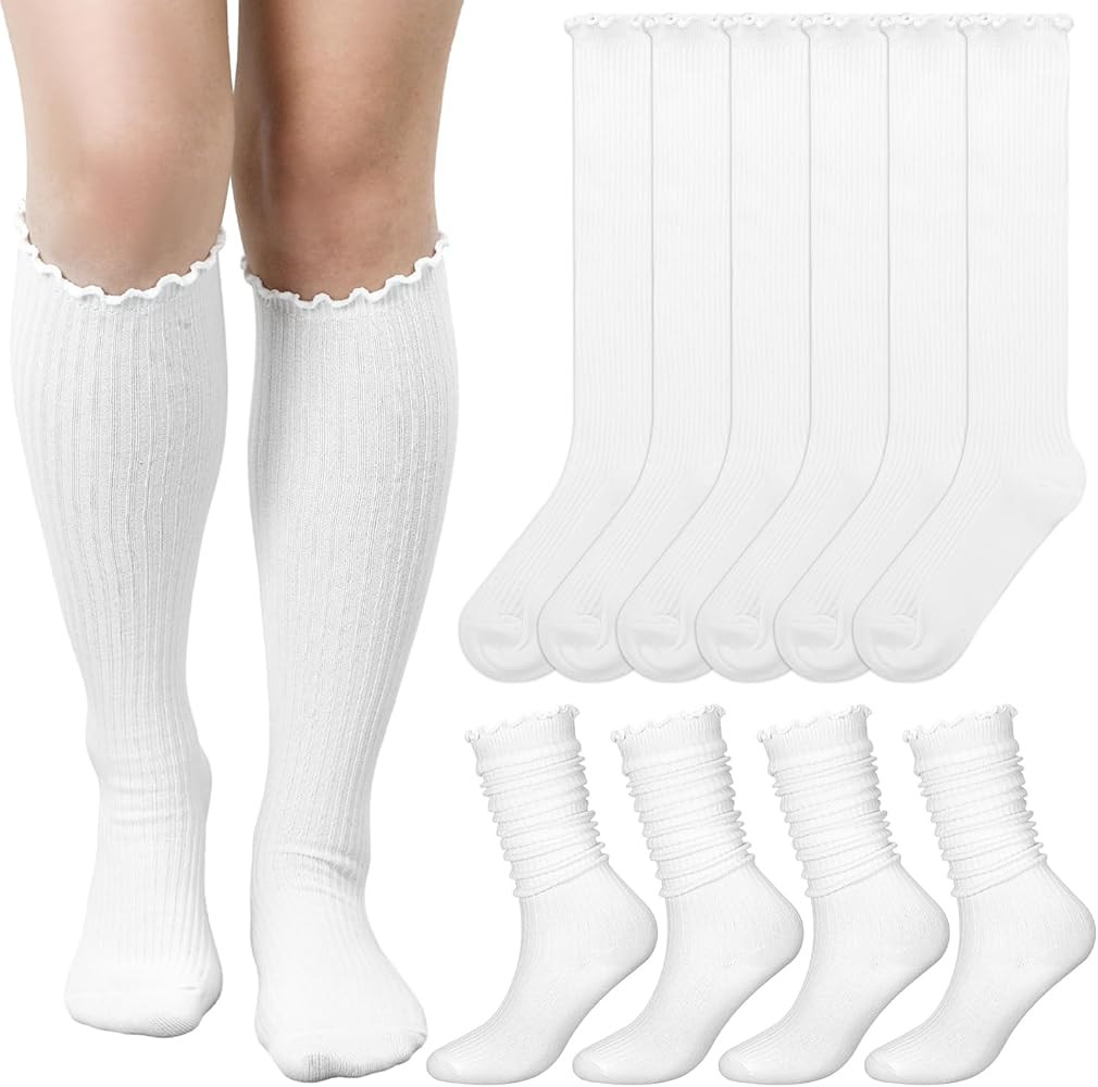 6 Pairs Women Ruffle Knee High Socks Turn Cuff Knit Breathable Cute Frilly Breathable Socks | Amazon (US)