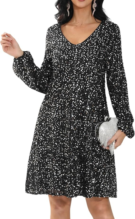 Sequin Dress for Women Sparkly Evening Party Dress, Black Glitter Formal Gown with Long Sleeves V... | Amazon (US)