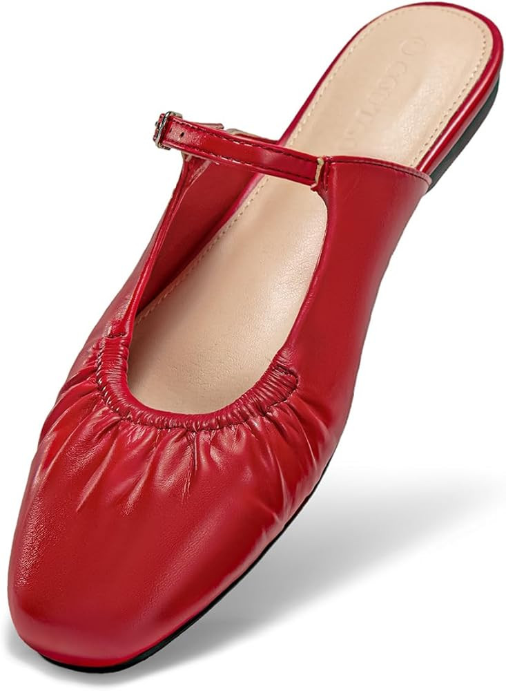 Coutgo Womens Mules Mary Jane Flats Closed Toe Pleated Slip on Shoes Dressy Casual Slides | Amazon (US)