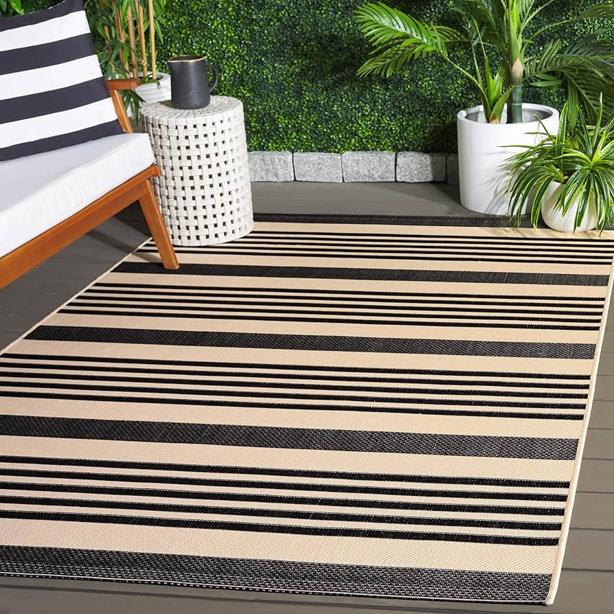 SAFAVIEH Courtyard Collection Area Rug - 8' x 10', Black & Bone, Stripe Design, Non-Shedding & Ea... | Amazon (US)