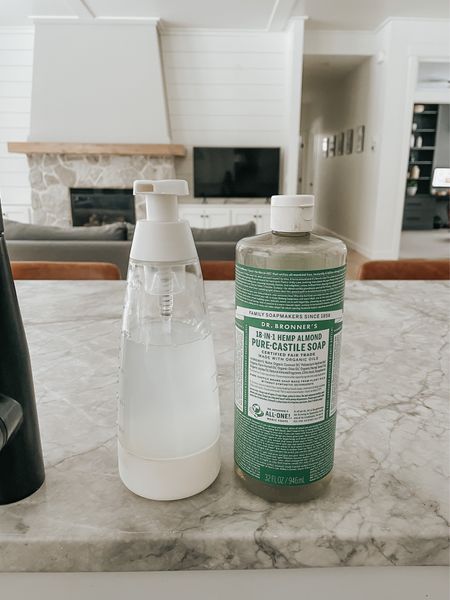 Use these refillable glass foaming hand soaps around the house. They come in kitchen and bathroom sizes and are super affordable!

Fill with 1/2 cap Dr. Bronners and the rest water✔️