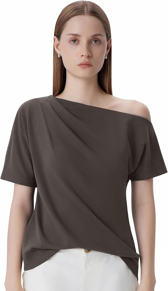 SUUKSESS Off the Shoulder Tops for Women Short Sleeve Asymmetrical Top Trendy Summer Going Out T-... | Amazon (US)