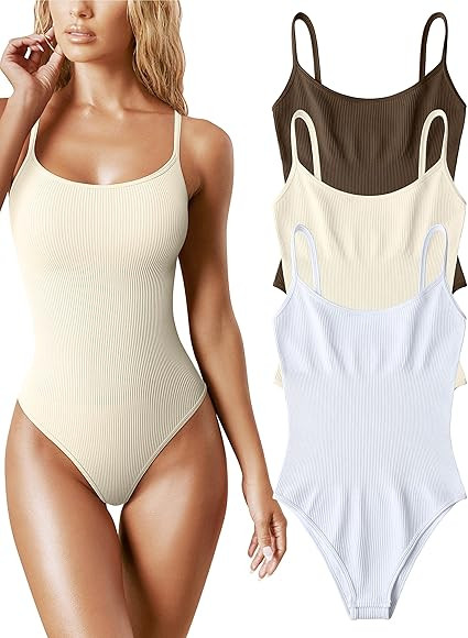 OQQ Women's 3 Piece Bodysuits Sexy Ribbed Sleeveless Adjustable Spaghetti Strip Tops Shapewear Bodys | Amazon (US)