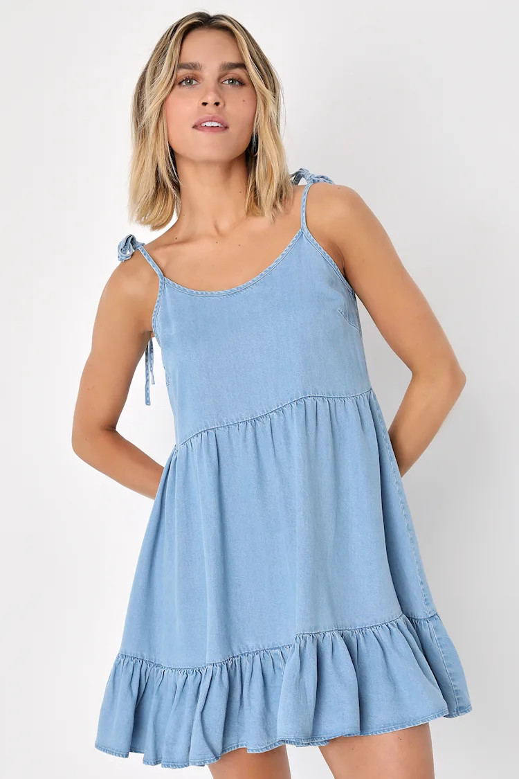 Loving the Sunshine Blue Chambray Tie-Strap Babydoll Dress | Lulus (US)