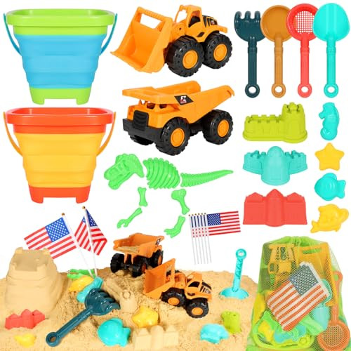 HUITEM Beach Sand Toys for Kids, 29PCS Sandbox Toys with 2 Collapsible Bucket Sand, 2 Dump Truck, Dinosaur Sand Molds, Sand Castle Kit, Shovel Sieve,Flags,Mesh Bag Travel Beach Toys for Toddler 3-10 | Amazon (US)