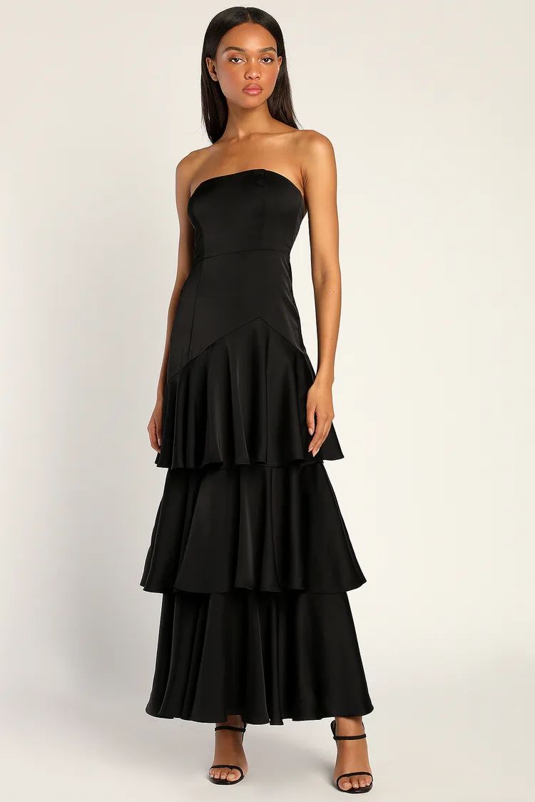Blissfully Beautiful Black Satin Strapless Tiered Maxi Dress | Lulus