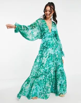 ASOS DESIGN maxi dress with tie waist in blurred blossom print | ASOS (Global)
