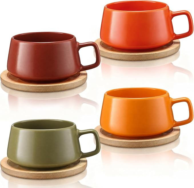 Rtteri 4 Pack 11 oz Fall Ceramic Coffee Cups Set with Saucer Bamboo Coasters, Autumn Tea Mug, Wid... | Amazon (US)