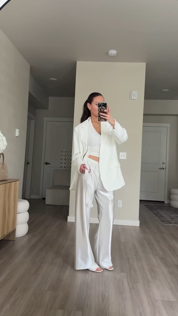 White blazer- wearing size large - I am
5’7’’ tall 
White satin pants