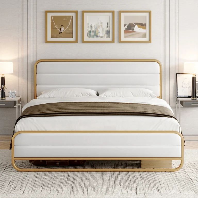 Homfa King Bed Frame with PU Leather Upholstered Headboard, Gold Metal Tubular Platform Bed with ... | Walmart (US)