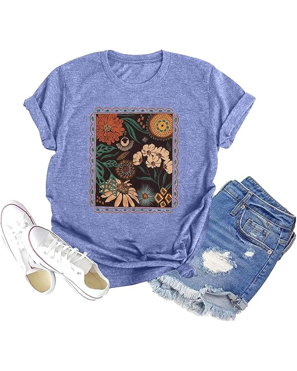 GEMLON Sunset Pine Tree Tshirt Women Camping Tshirt Retro Sun Print Graphic Tee Casual Short Slee... | Amazon (US)