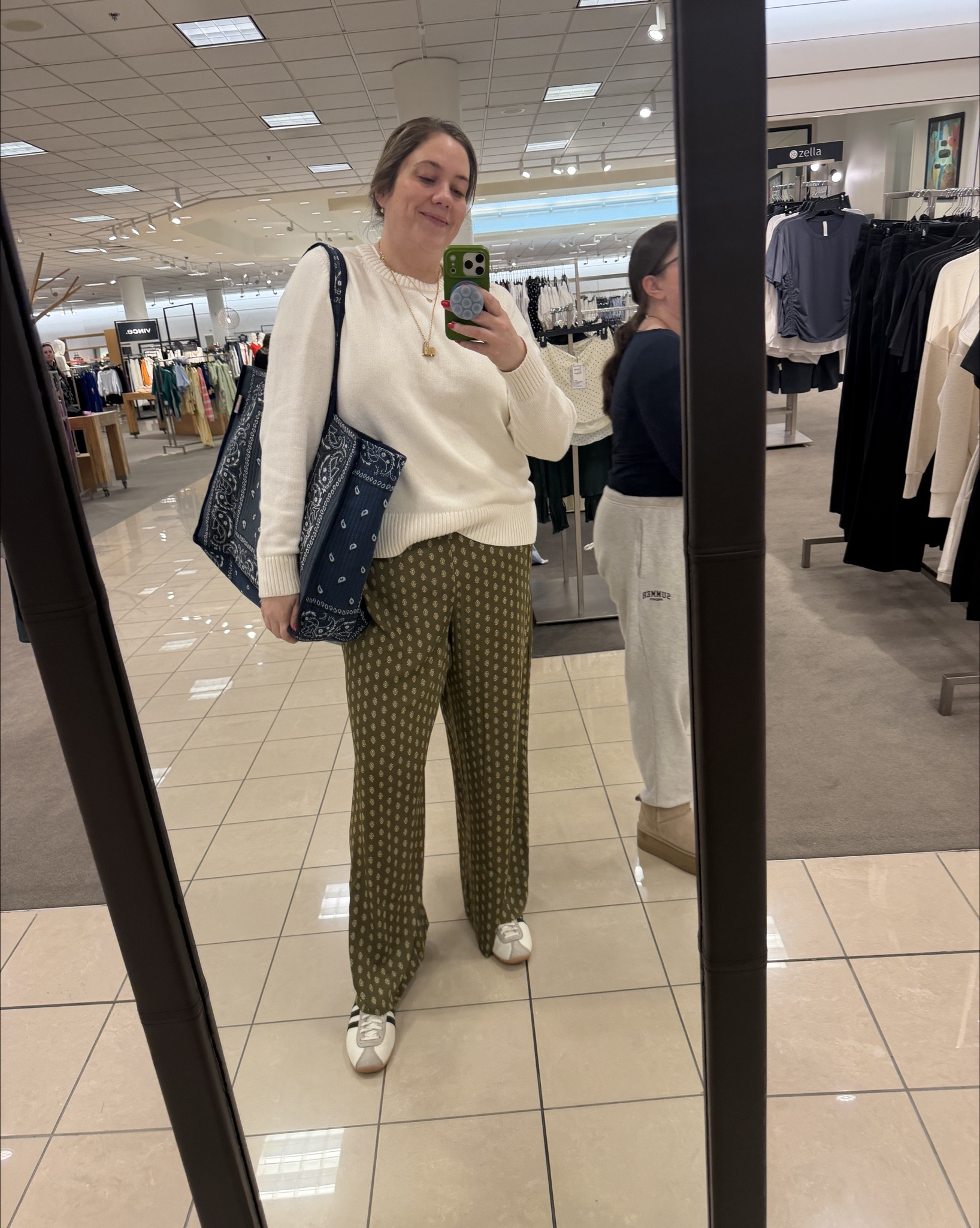 These Target pajama pants are so good! They go in and out of stock frequently - try to find in store or set up notices for when they come back. True to size. 

Shoes are men's sizing, I did 1.5 sizes doe and love them. 

Bag is so cute and big - perfect for schlepping returns. Can also be monogrammed. 

