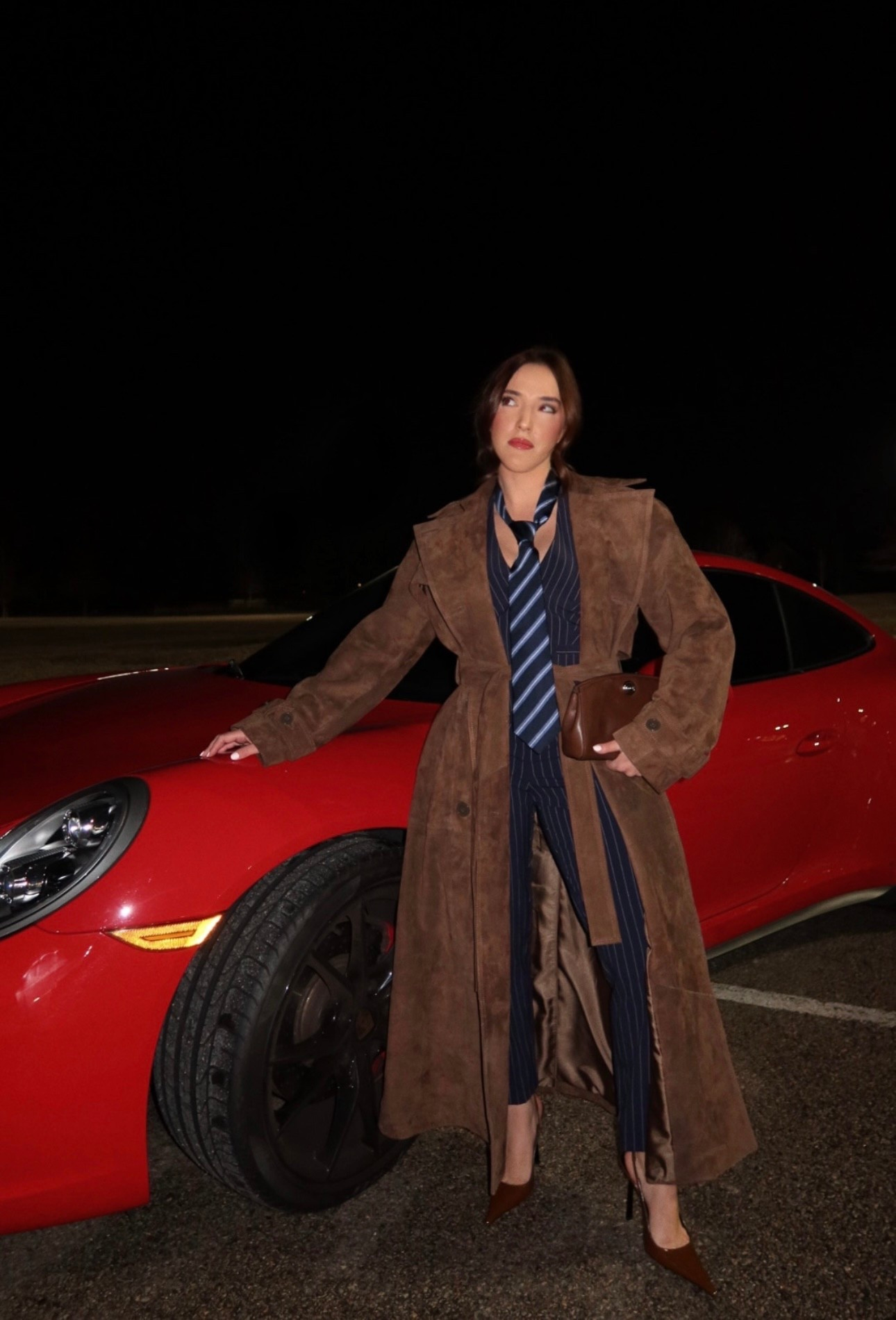 Wearing an xxs/xs in the suede trench 
🤍 

Suede trench coat, winter fashion, business wear, petite fashion, pinstripe, Ducie London coat, Saint Laurent slingback heels, navy and brown 

#LTKPetite #LTKSeasonal #LTKNYFW