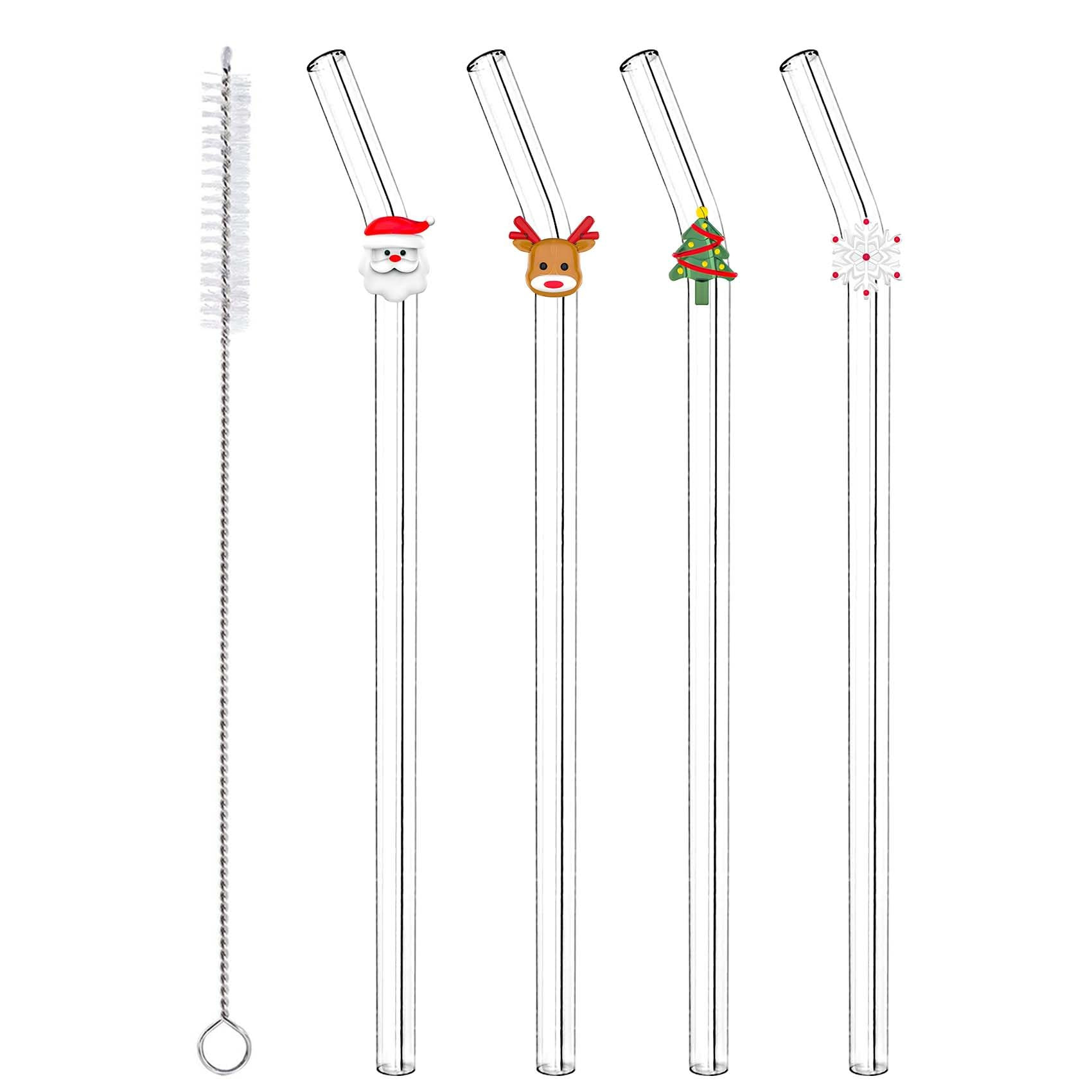 4 Pcs Christmas Cute Glass Straws with Charms, Colorful Clear Christmas Reusable Glass Straws Sha... | Amazon (US)