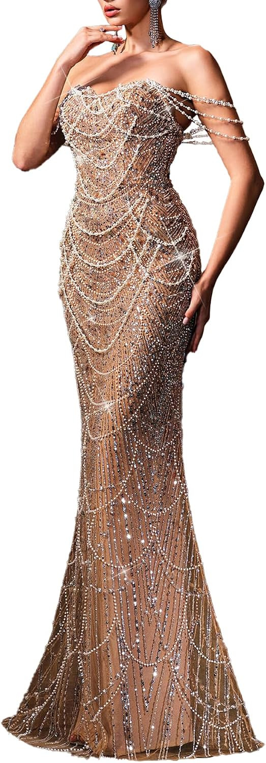 Women's Strapless Champagne Evening Gown Beaded Bodycon Maxi Dress | Amazon (US)