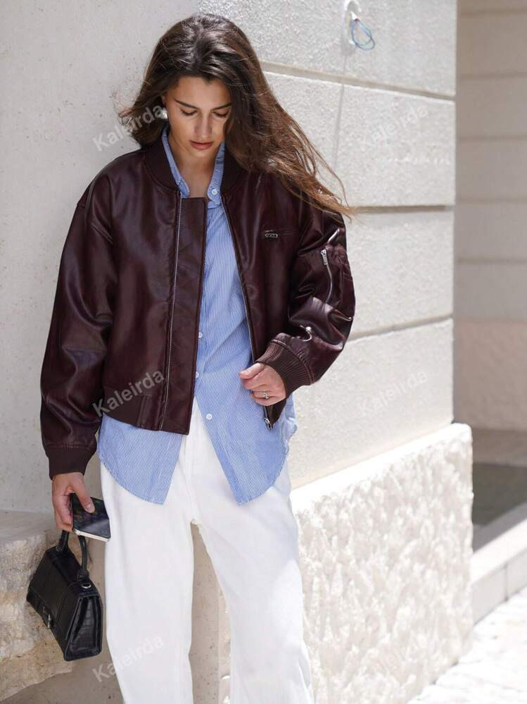 TendenzeElegante giubbotto bomber in pelle PU con cerniera autunnale rosso vino | SHEIN