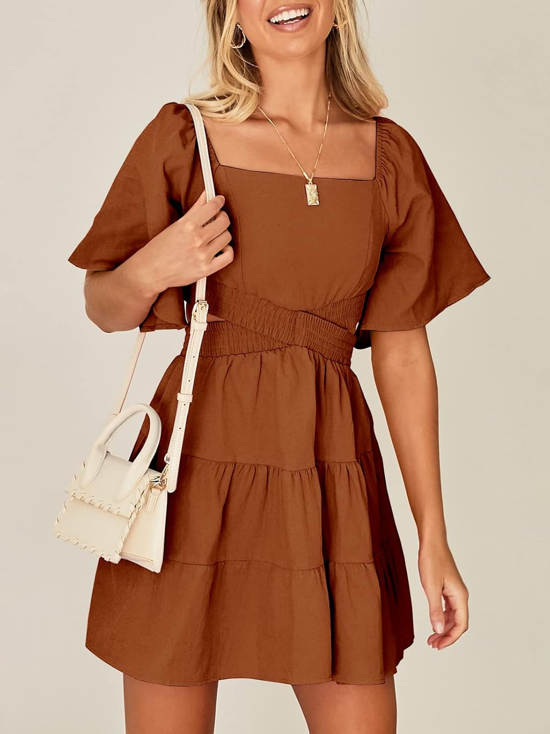 ANRABESS Women Summer Square Neck Short Sleeve Cutout Crossover Waist Casual Party Tiered A-Line ... | Amazon (US)