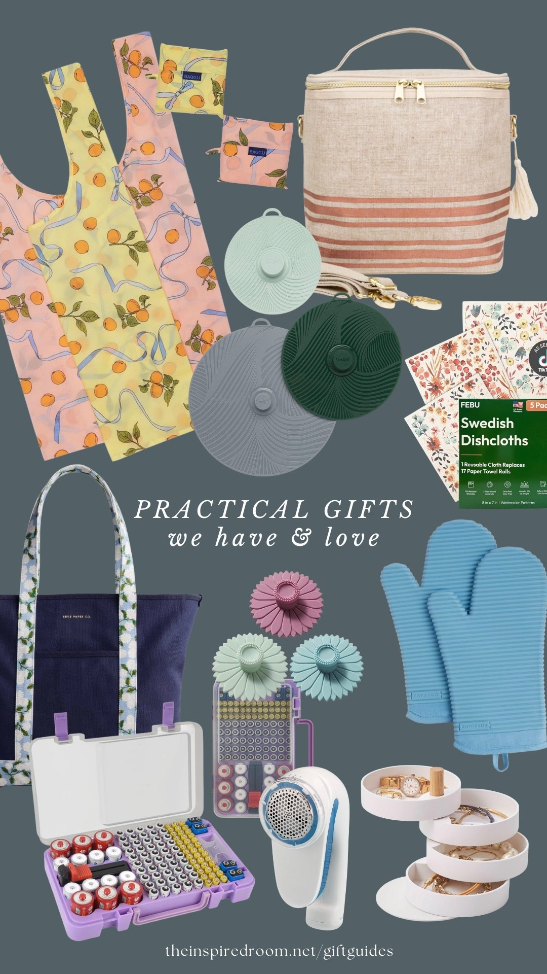 Practical gift ideas we have and love - reusable bags that fold up small, lunch bag, tote, silicone covers for bowls and for coffee/tea, swedish dishcloths, oven mitts, battery organizer, tiered jewelry organizer, large fabric shaver

#LTKGiftGuide #LTKSaleAlert #LTKHome